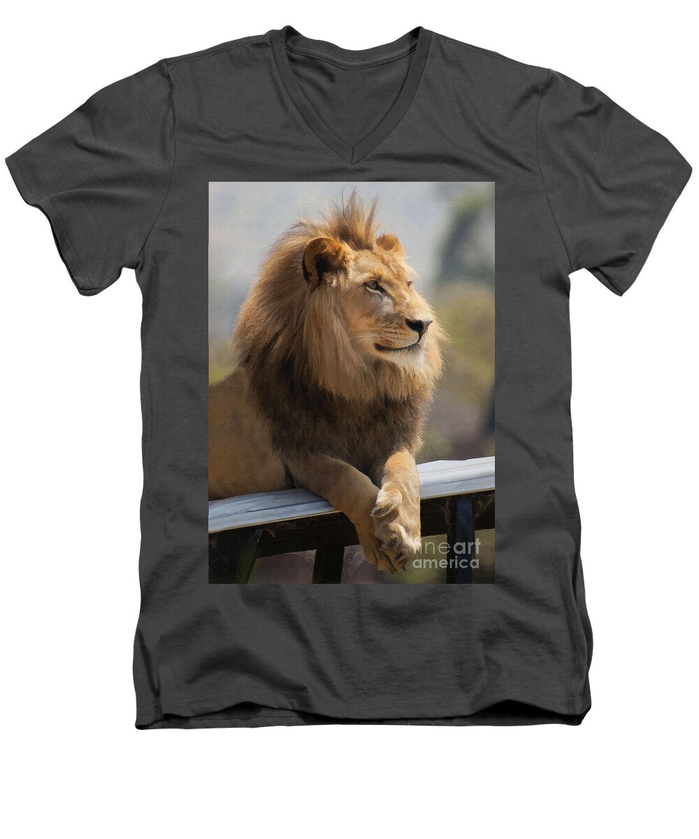 Animal Men's V-Neck T-Shirt featuring the digital art Majestic Lion #1 by Sharon Foster