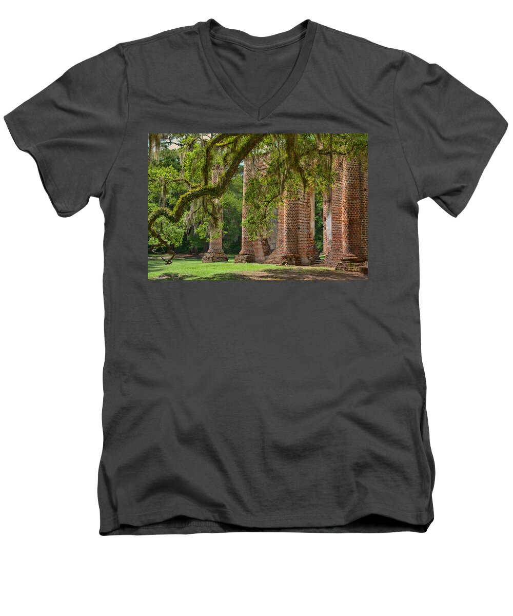 Live Oak Men's V-Neck T-Shirt featuring the photograph Old Sheldon Church #3 by Shirley Radabaugh