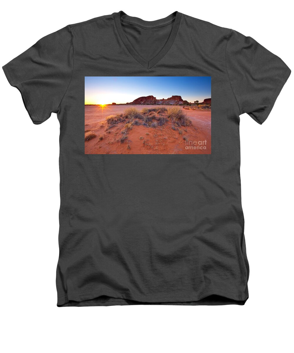 Rainbow Valley Sunrise Outback Landscape Central Australia Water Hole Northern Territory Australian Clay Pan Men's V-Neck T-Shirt featuring the photograph Rainbow Valley sunrise #4 by Bill Robinson