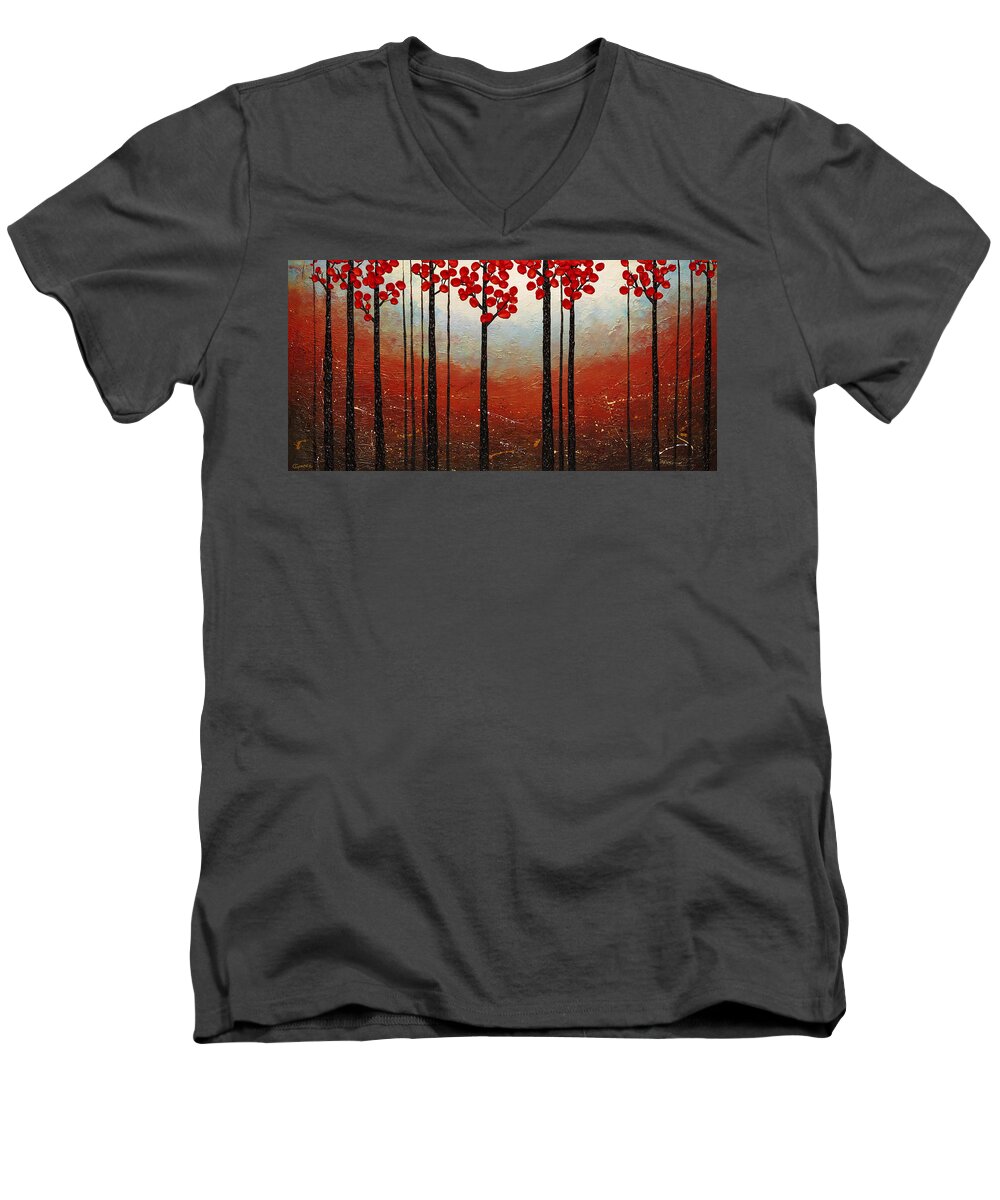 Trees Men's V-Neck T-Shirt featuring the painting Red Blossom #1 by Carmen Guedez
