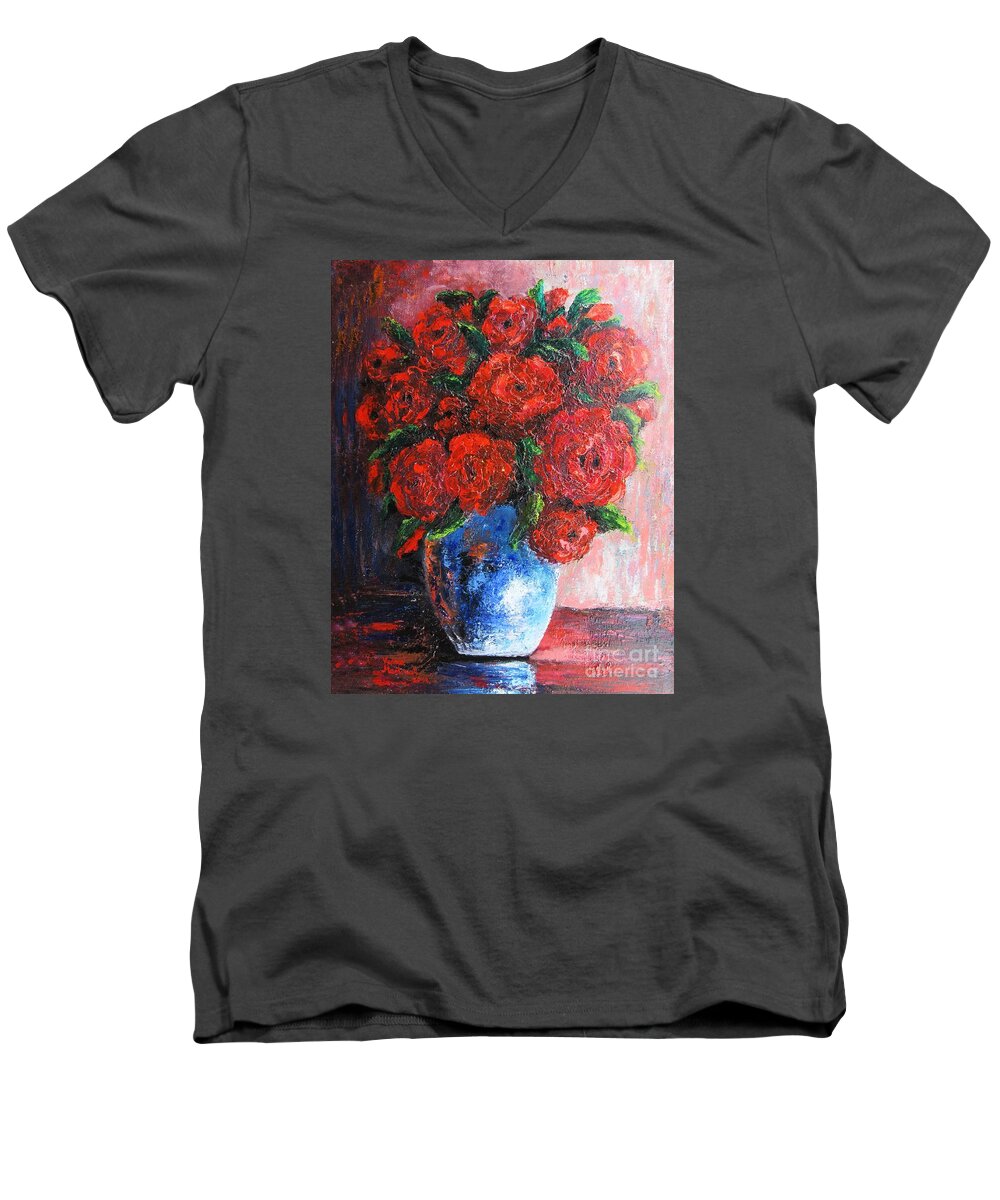 Flowers Men's V-Neck T-Shirt featuring the painting Red scent by Vesna Martinjak