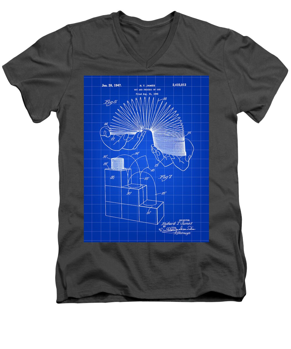 Slinky Men's V-Neck T-Shirt featuring the digital art Slinky Patent 1946 - Blue by Stephen Younts