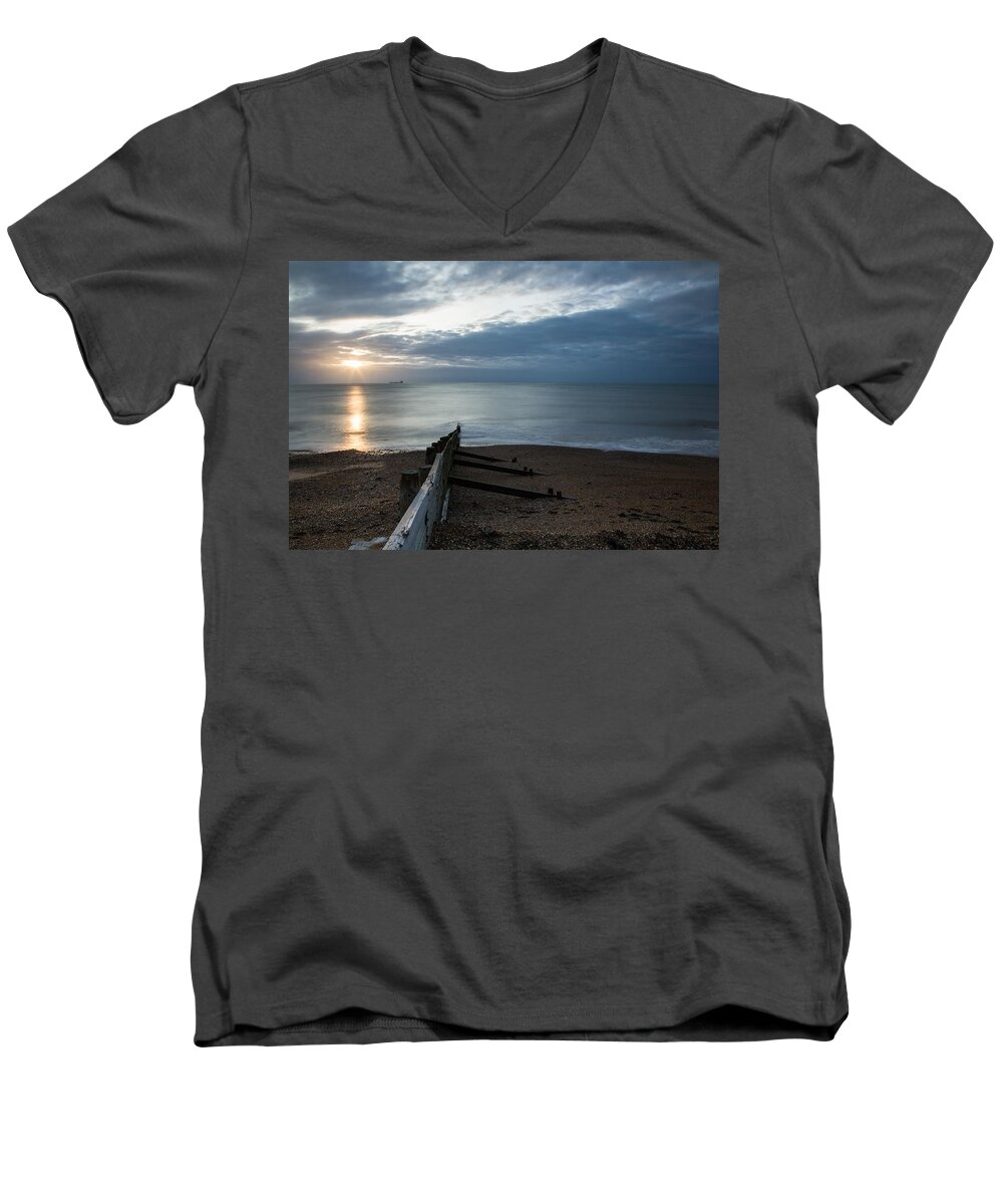 Kingsdown Men's V-Neck T-Shirt featuring the photograph Sunrise at Kingsdown #1 by Ian Middleton