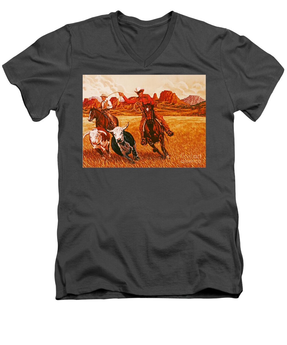 Animals Men's V-Neck T-Shirt featuring the painting The Wranglers by Dick Bobnick