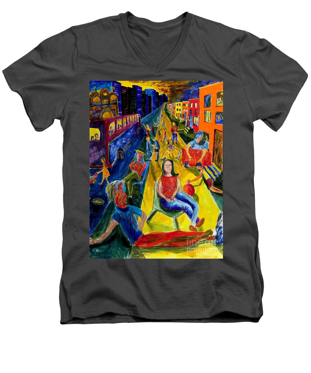 Urban Painting Men's V-Neck T-Shirt featuring the painting Urban Street People by Walt Brodis