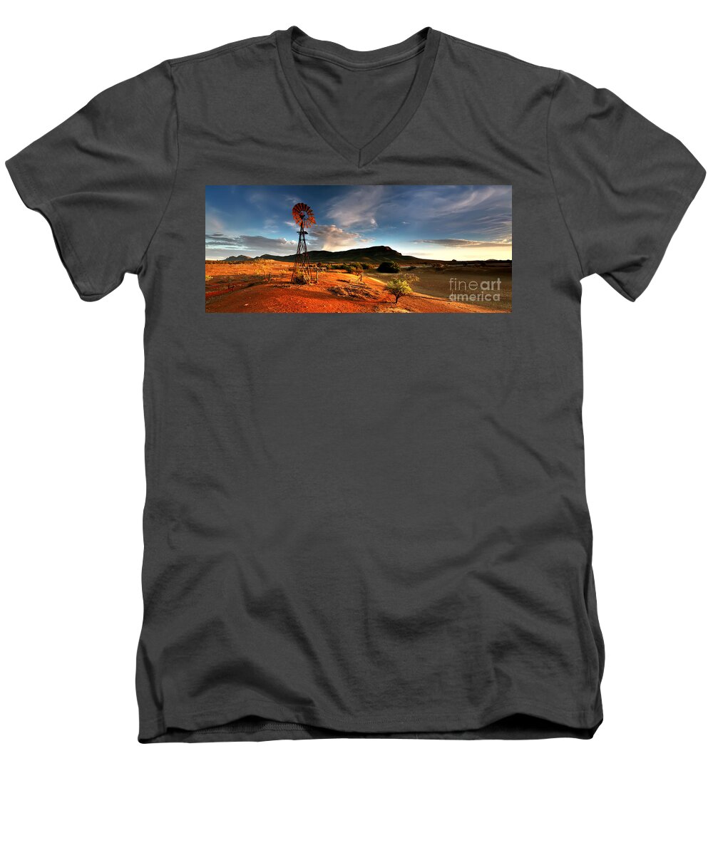 Wilpena Pound Windmill Rawnsley Bluff Flinders Ranges South Australia Australian Landscape Landscapes Early Morning Dam Drought Outback Men's V-Neck T-Shirt featuring the photograph Wilpena Pound #14 by Bill Robinson