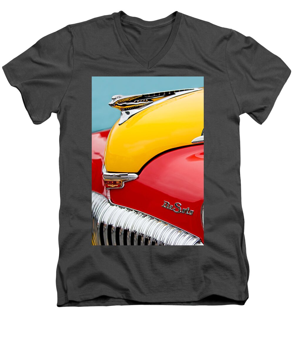 1946 Desoto Skyview Taxi Men's V-Neck T-Shirt featuring the photograph 1946 DeSoto Skyview Taxi Cab Hood Ornament by Jill Reger