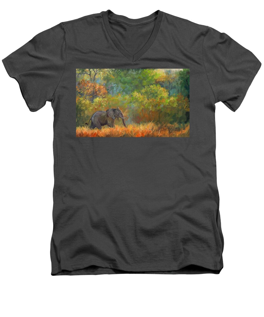 African Elephant Men's V-Neck T-Shirt featuring the painting African Elephant #3 by David Stribbling