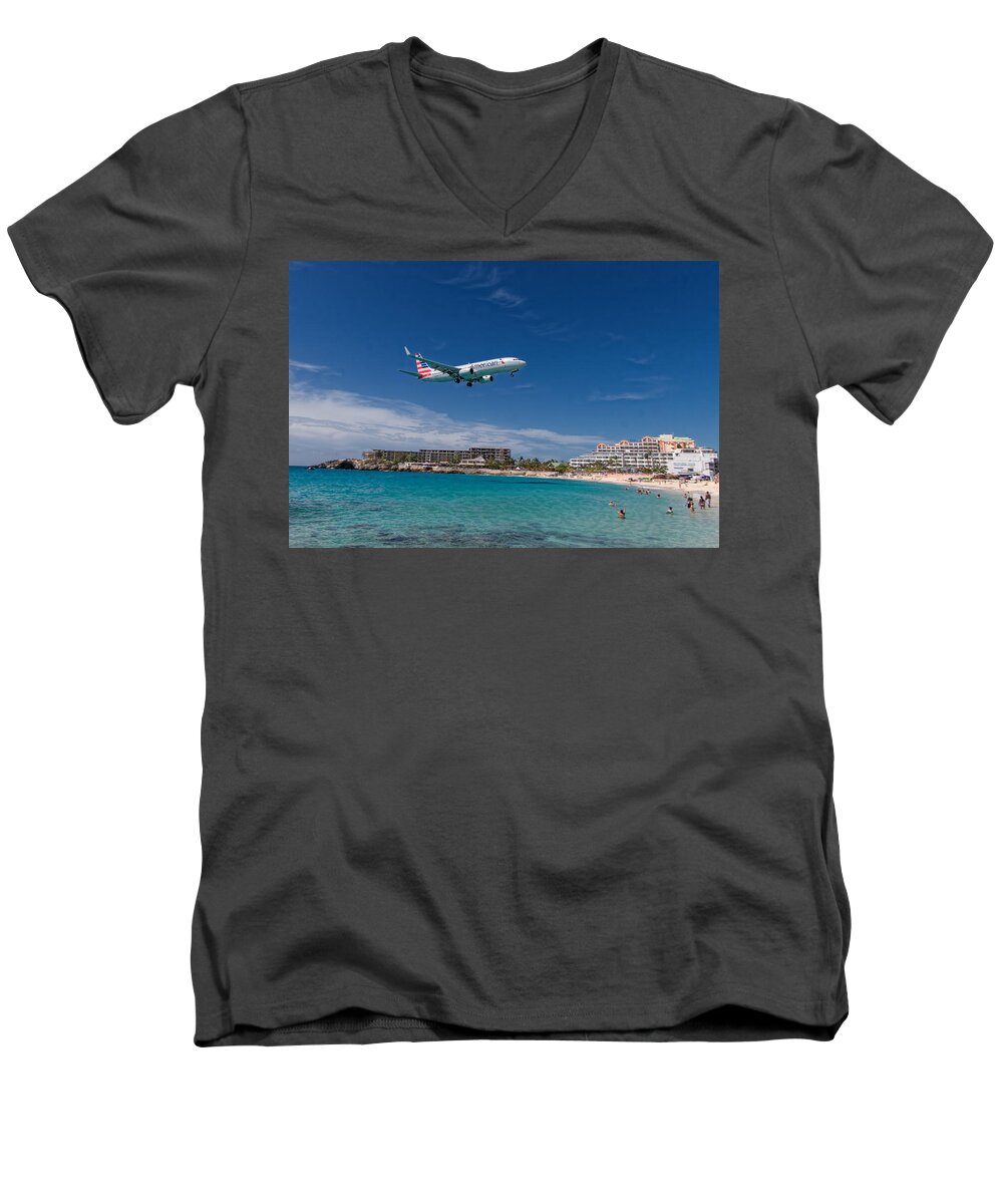 American Airlines Men's V-Neck T-Shirt featuring the photograph American Airlines at St Maarten #2 by David Gleeson