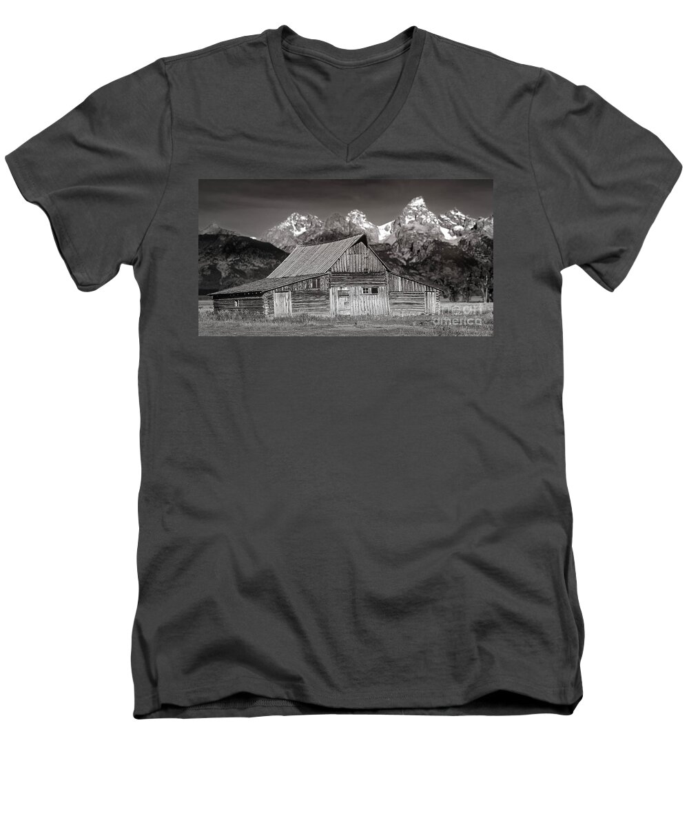 Barrn Men's V-Neck T-Shirt featuring the photograph Barn and Tetons #2 by Jerry Fornarotto