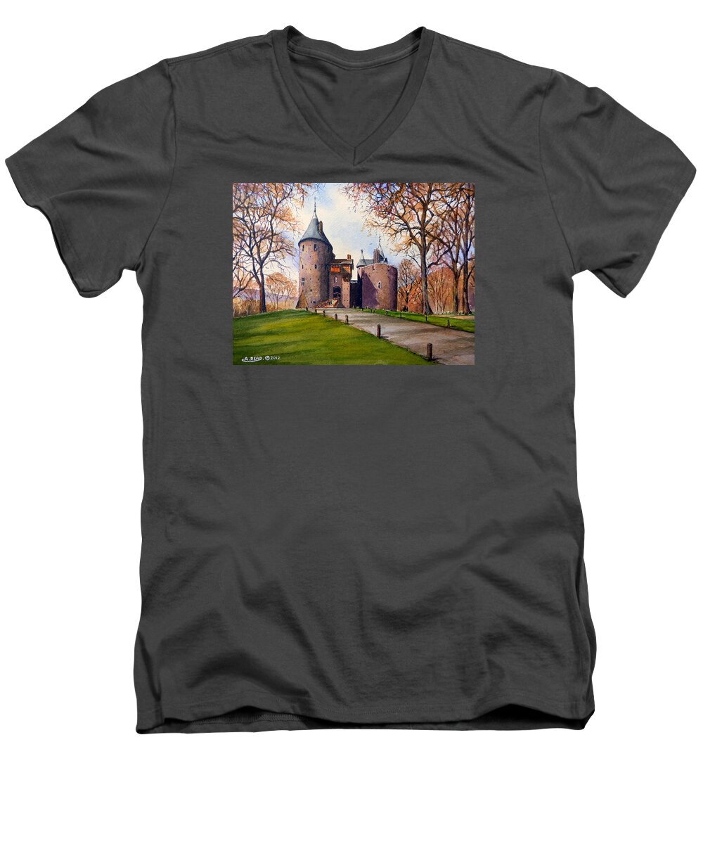 Castell Coch Men's V-Neck T-Shirt featuring the painting Castell Coch #2 by Andrew Read