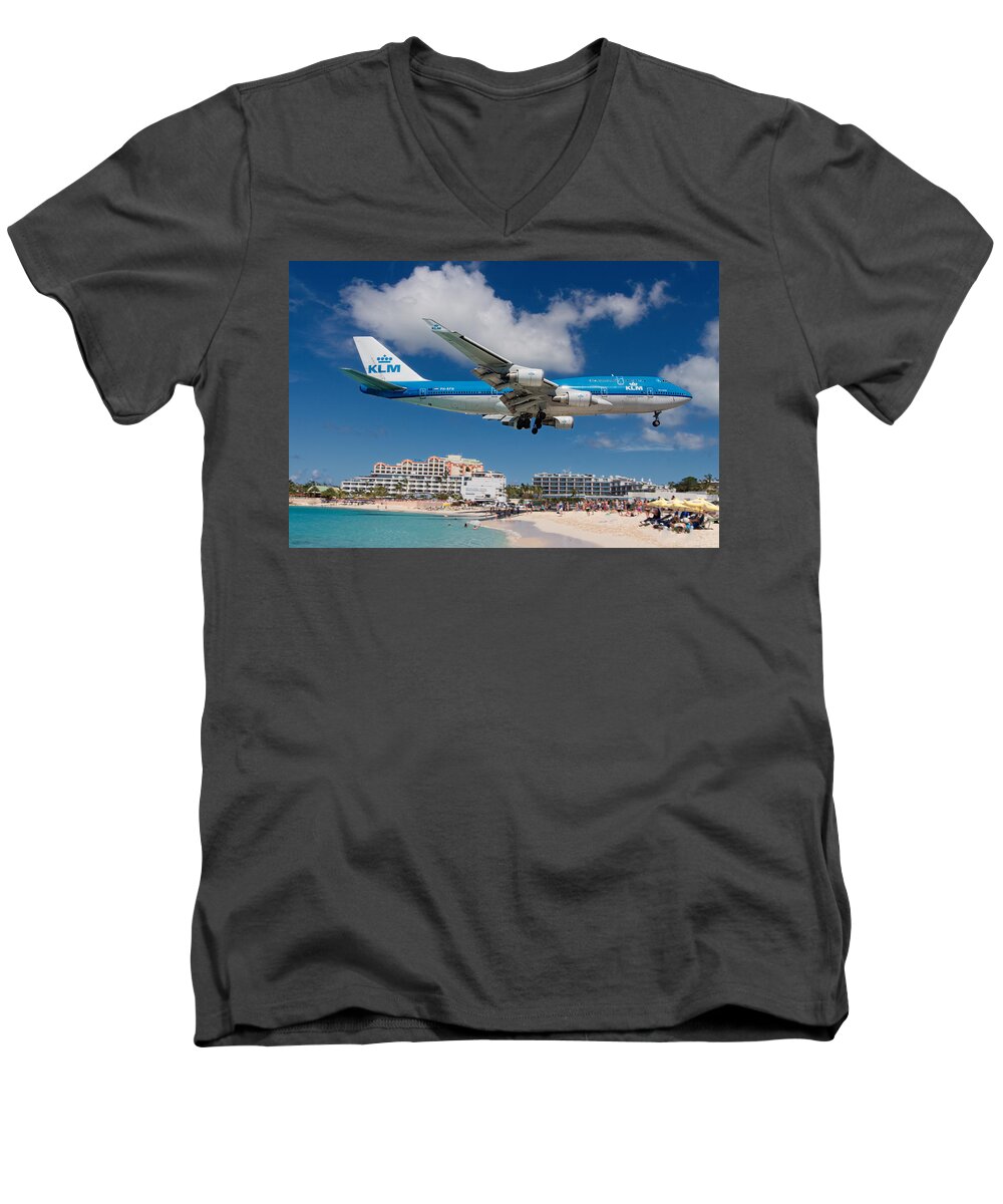 Klm Men's V-Neck T-Shirt featuring the photograph K L M landing at St. Maarten #1 by David Gleeson