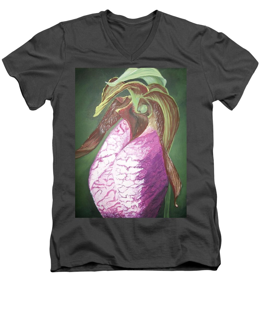 Canadian  Men's V-Neck T-Shirt featuring the painting Lady Slipper Orchid by Sharon Duguay