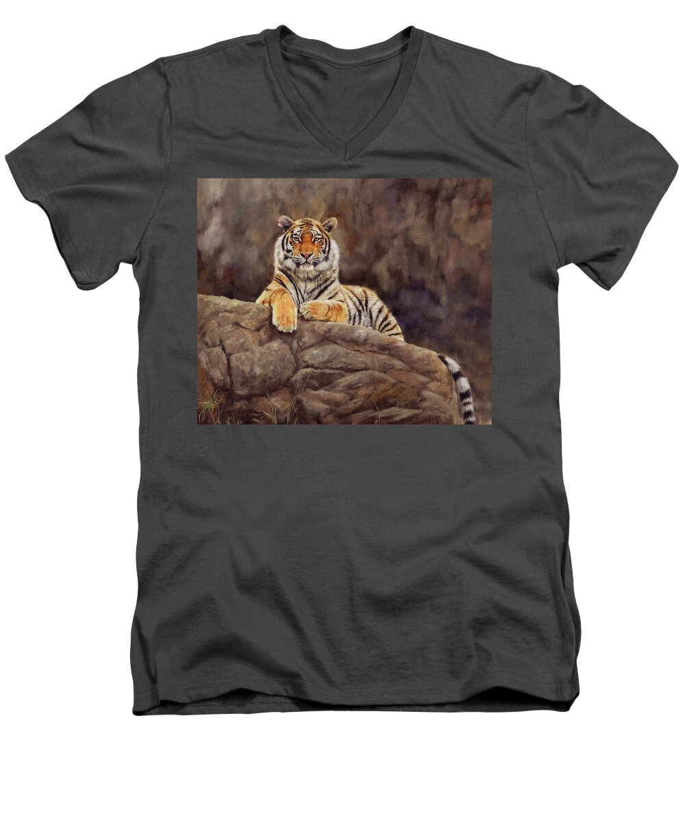 Tiger Men's V-Neck T-Shirt featuring the painting Tiger #3 by David Stribbling