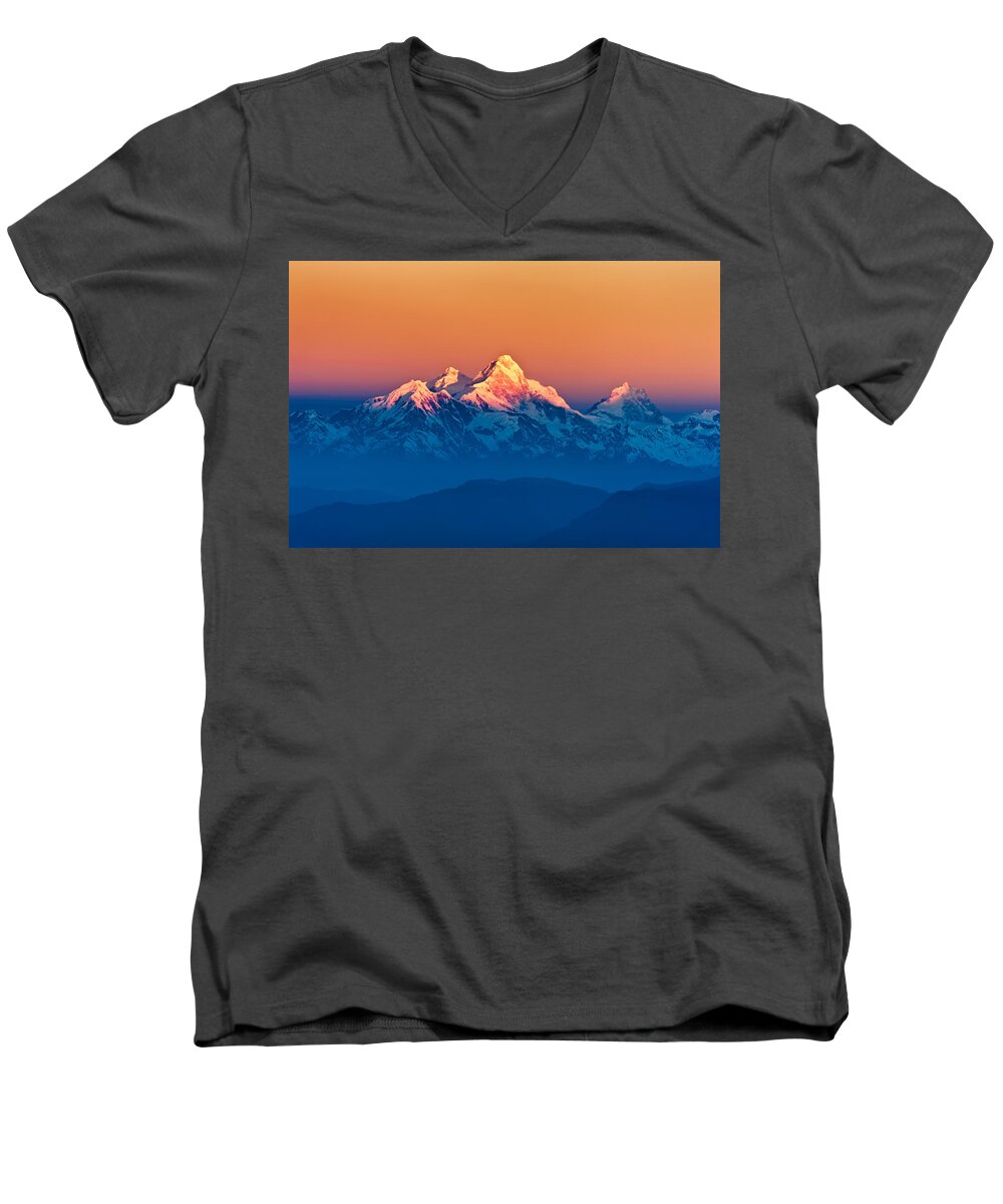 Fog Men's V-Neck T-Shirt featuring the photograph Himalayan Mountains View from Mt. Shivapuri #3 by U Schade