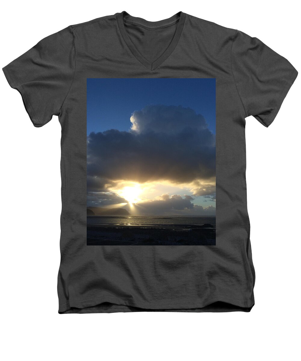 Sun Men's V-Neck T-Shirt featuring the photograph Sunbeams over Conwy #1 by Christopher Rowlands