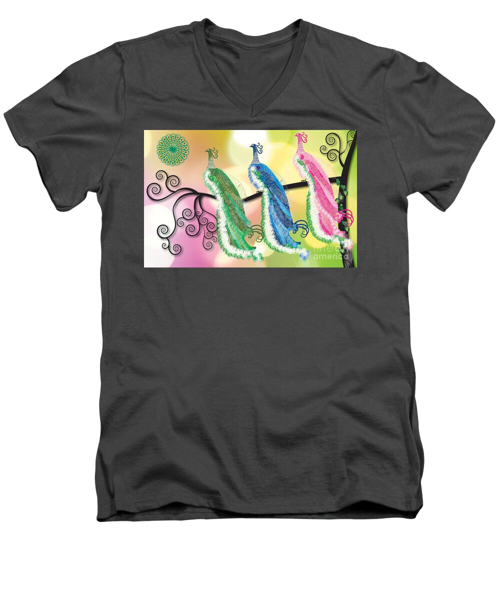 Peacocks Men's V-Neck T-Shirt featuring the digital art Visionary Peacocks by Kim Prowse
