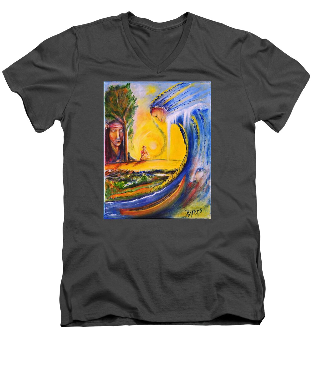 Native American Men's V-Neck T-Shirt featuring the painting The Island Of Man by Kicking Bear Productions