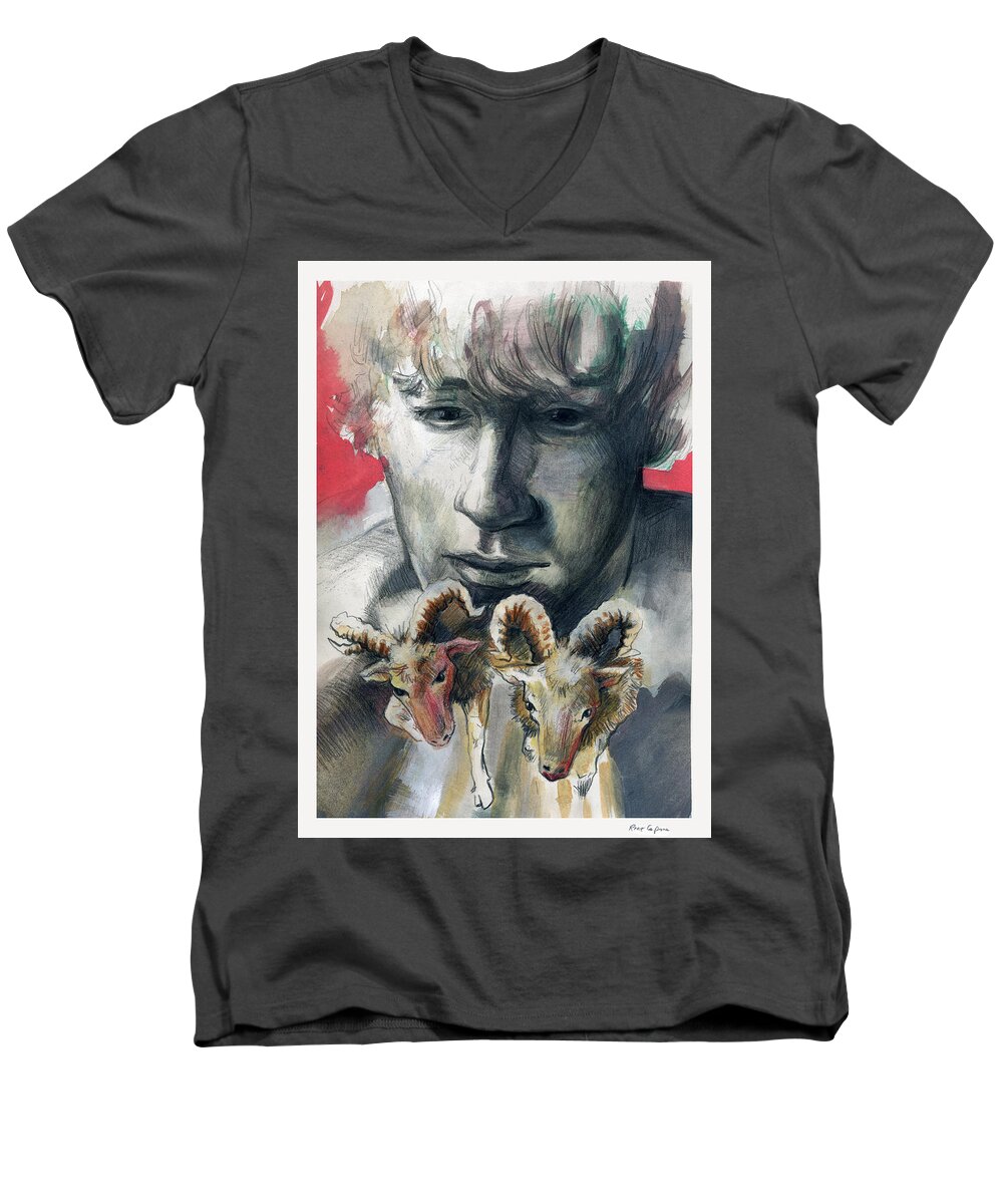 Aries Men's V-Neck T-Shirt featuring the painting A Boy Named Stubborn by Rene Capone