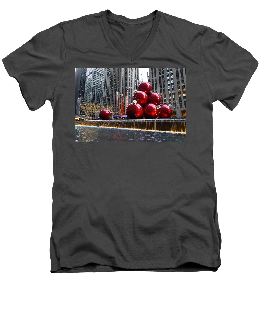 Christmas Card Men's V-Neck T-Shirt featuring the photograph A Christmas Card from New York City - Radio City Music Hall and the Giant Red Balls by Georgia Mizuleva