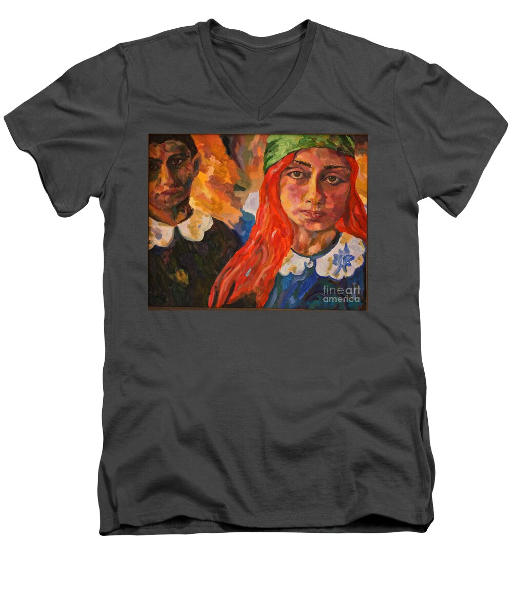 Original Oil On Canvas Men's V-Neck T-Shirt featuring the painting A Girl's View of War 2 by Michael Cinnamond