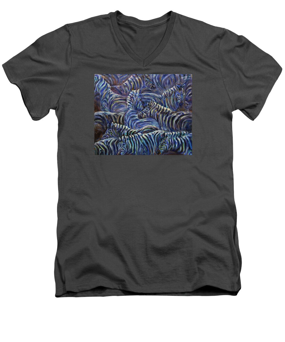 Zebras Men's V-Neck T-Shirt featuring the painting A Group of Zebras by Xueling Zou
