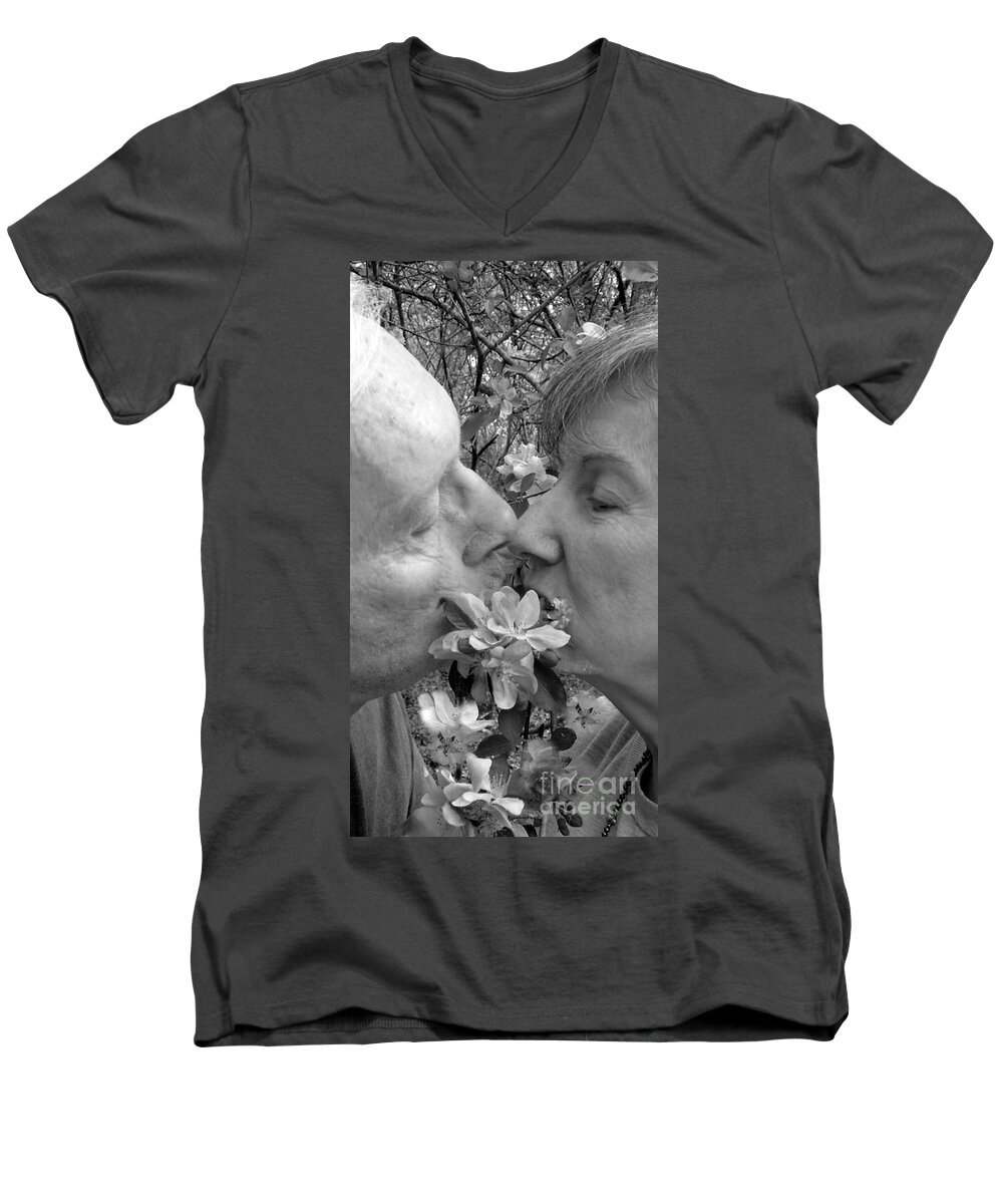 Funky Men's V-Neck T-Shirt featuring the photograph A Kiss Behind The Flowers by Renee Trenholm