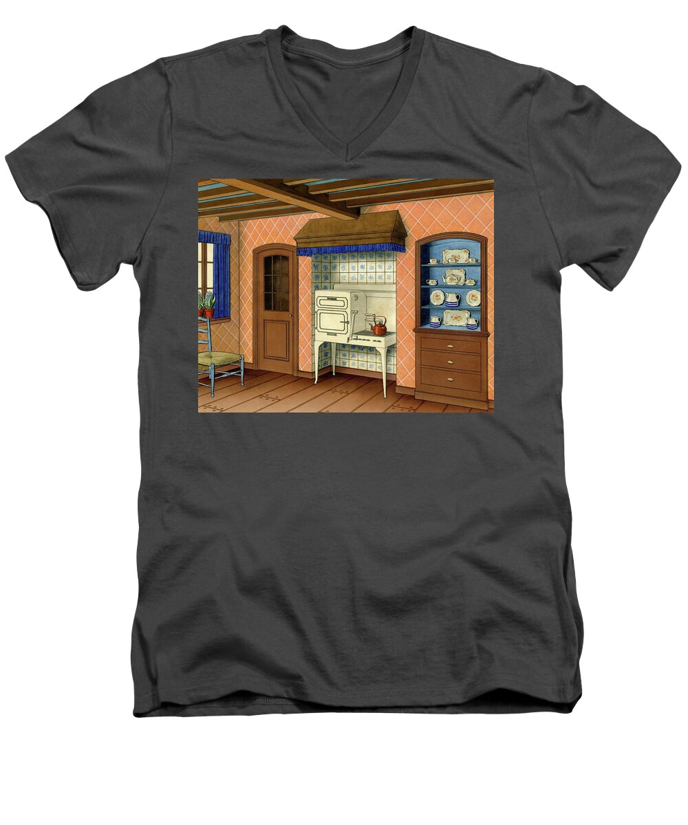Kitchen Men's V-Neck T-Shirt featuring the digital art A Kitchen With An Old Fashioned Oven And Stovetop by Allen Saalburg