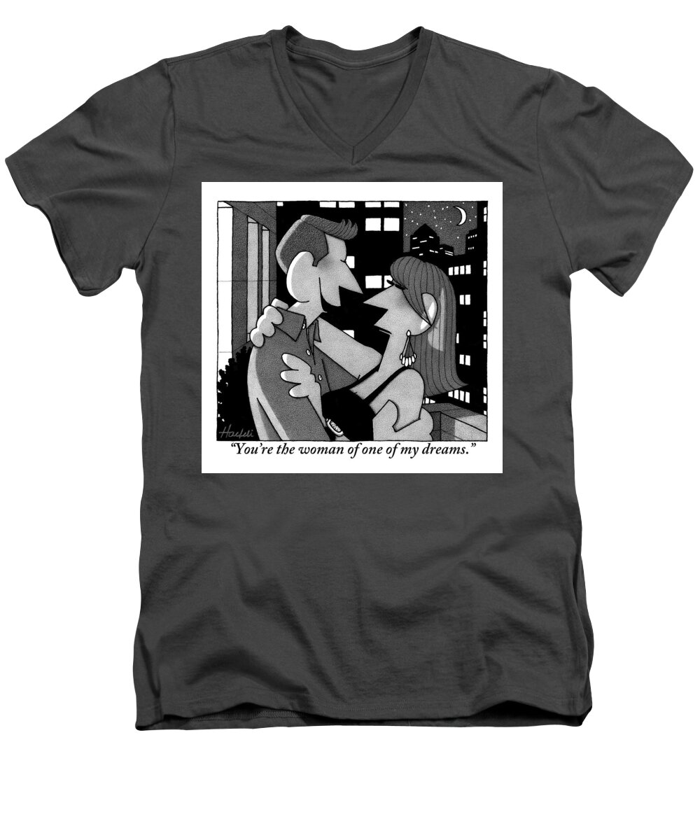 Love Scenes Men's V-Neck T-Shirt featuring the drawing A Man Is Embracing And Speaking To A Woman by William Haefeli
