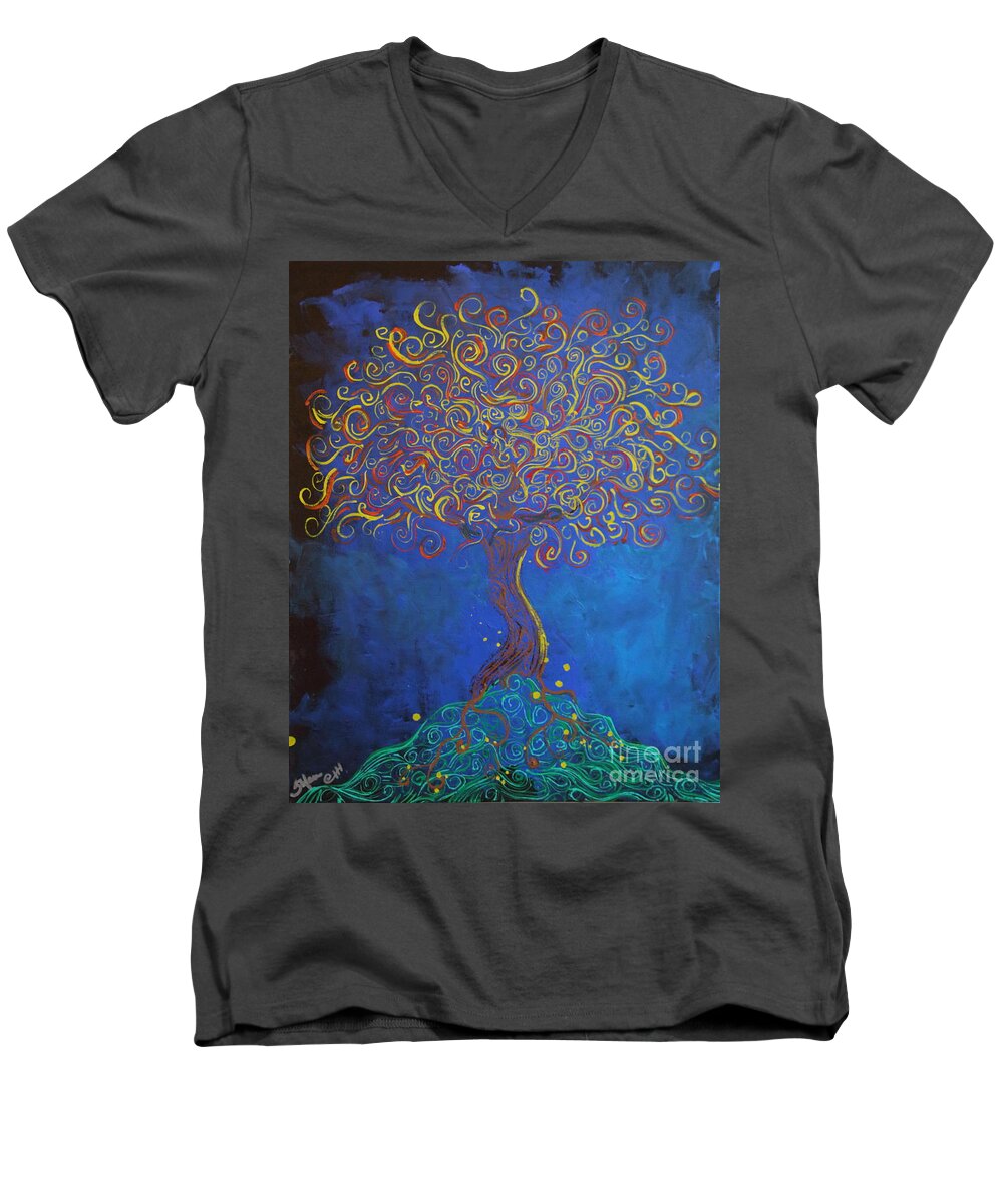 Fantasy Men's V-Neck T-Shirt featuring the painting A Tree Of Orbs Glows by Stefan Duncan