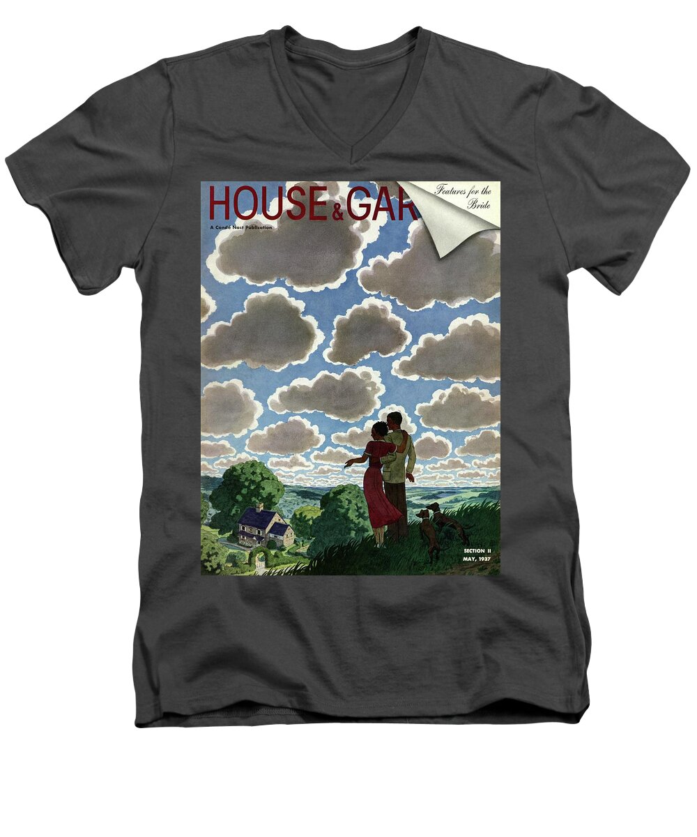 House And Garden Men's V-Neck T-Shirt featuring the photograph A Young Couple And Their Dogs On A Hilltop by Pierre Brissaud