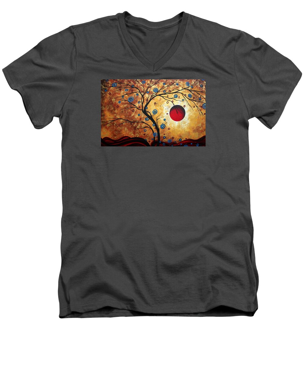 Abstract Men's V-Neck T-Shirt featuring the painting Abstract Art Landscape Tree Metallic Gold Texture Painting FREE AS THE WIND by MADART by Megan Aroon
