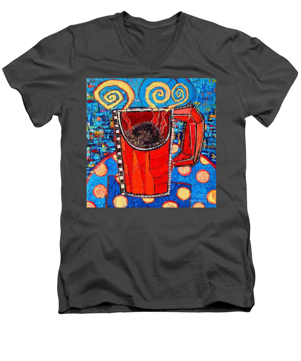 Coffee Men's V-Neck T-Shirt featuring the painting Abstract Hot Coffee In Red Mug by Ana Maria Edulescu