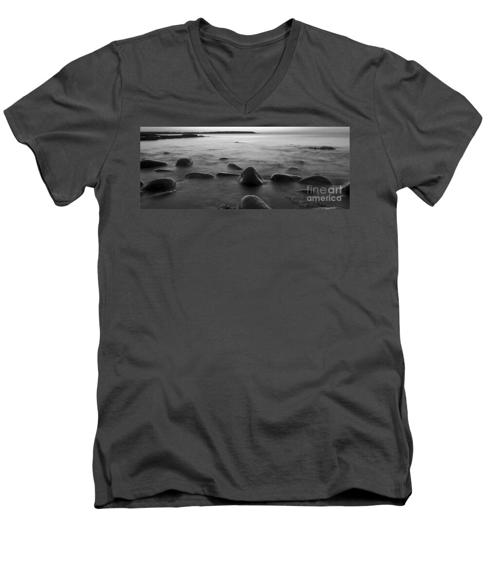 Acadia National Park Men's V-Neck T-Shirt featuring the photograph Acadia National Park Shoreline Sunrise Wakeup Black and White by Glenn Gordon
