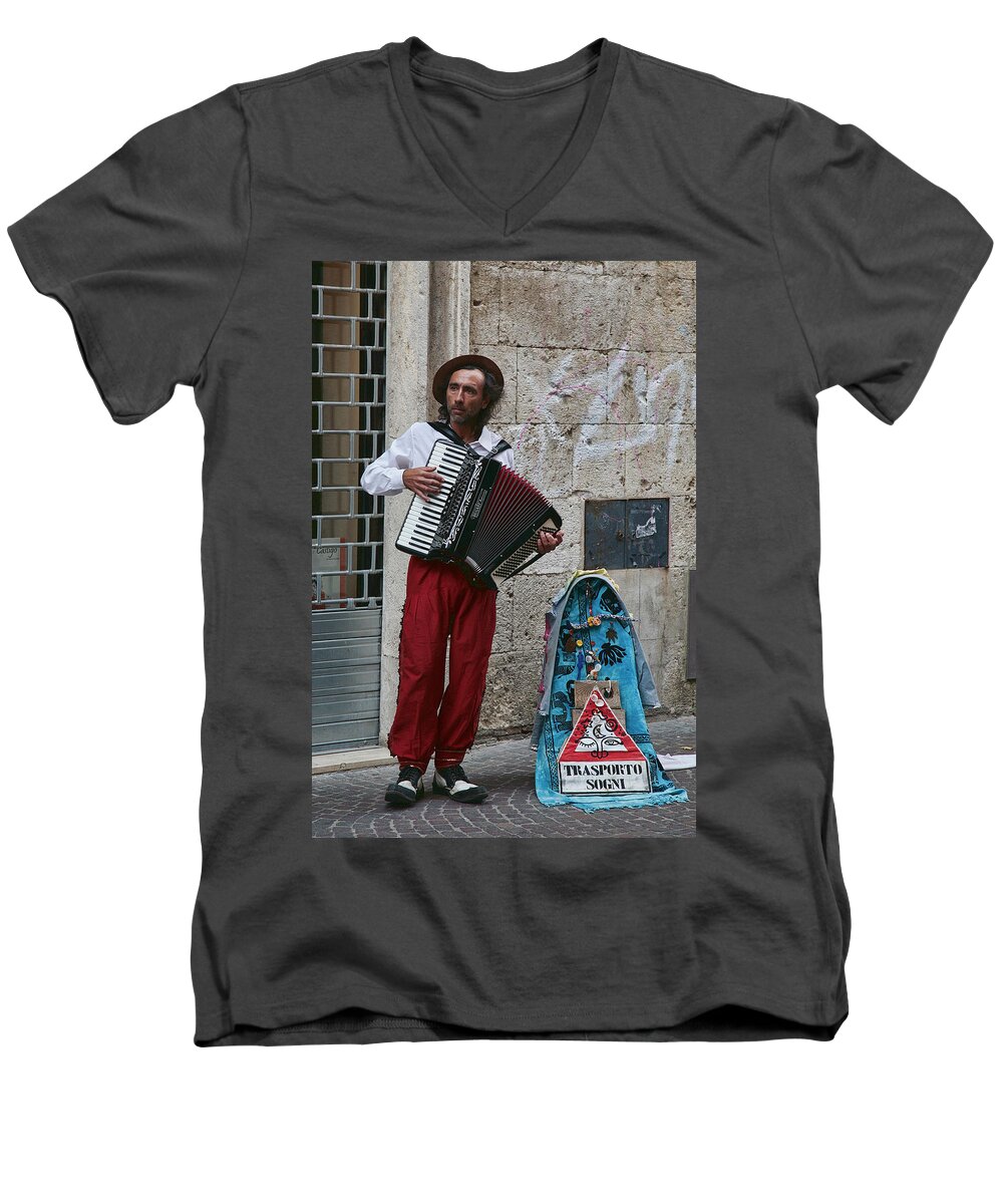 Accordian Men's V-Neck T-Shirt featuring the photograph Accordian player by Hugh Smith