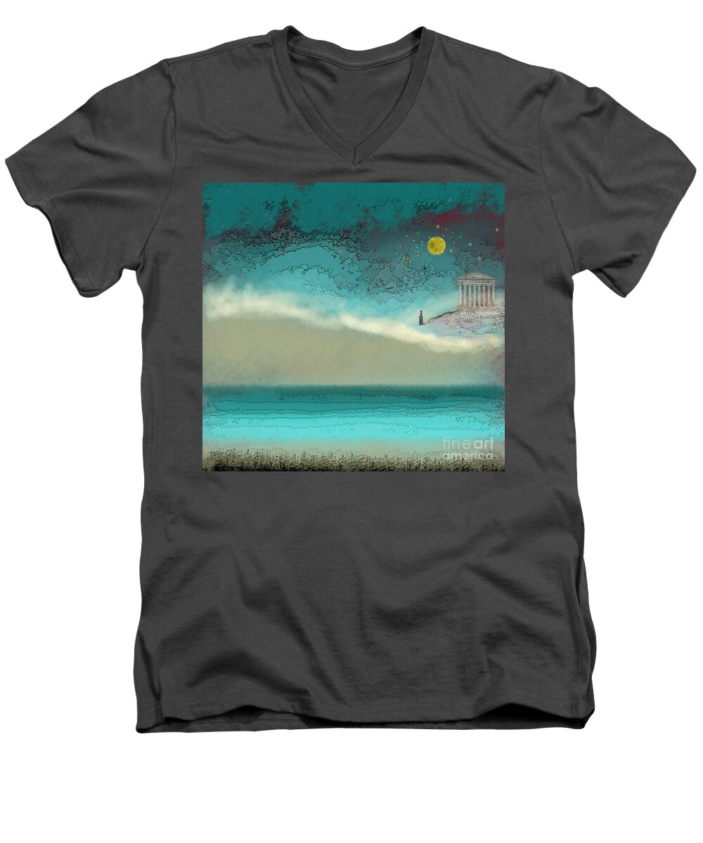 Acropolis Men's V-Neck T-Shirt featuring the digital art Acropolis in Moonlight by Carol Jacobs