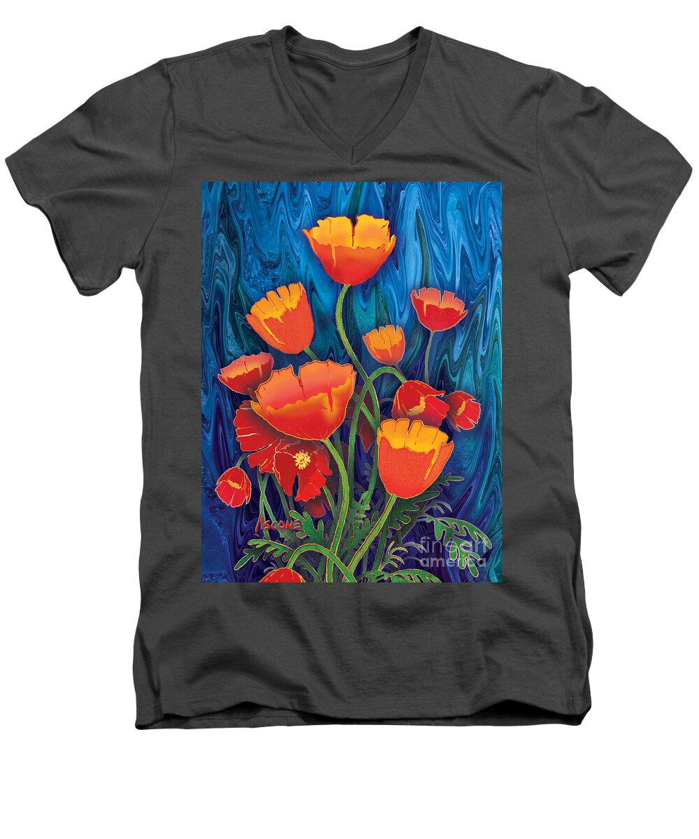 Alaska Men's V-Neck T-Shirt featuring the mixed media Alaska Poppies by Teresa Ascone