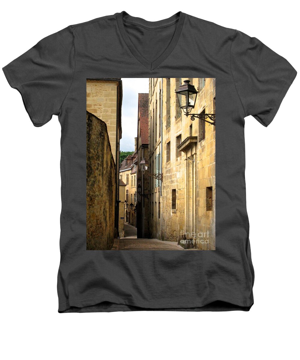 Sarlat France Dordogne Men's V-Neck T-Shirt featuring the photograph Alleys of Sarlat by Suzanne Oesterling