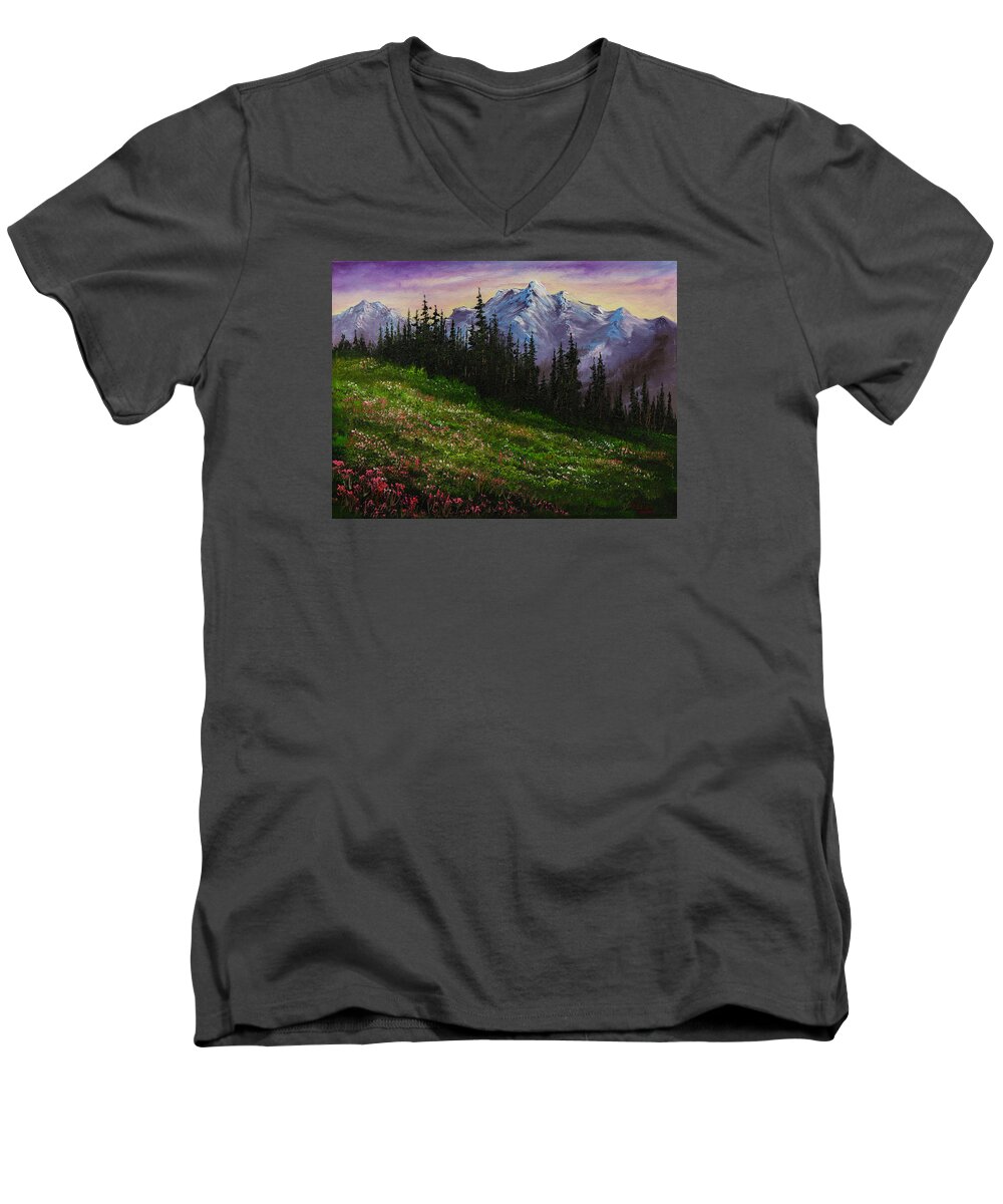 Landscape Men's V-Neck T-Shirt featuring the painting Alpine Meadow by Chris Steele