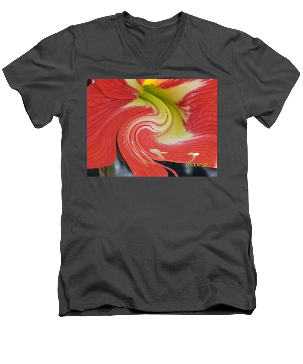 Blooming Red And Yellow Amarylis With A Twirl Effect Men's V-Neck T-Shirt featuring the photograph Amarylis Twirl by Belinda Lee