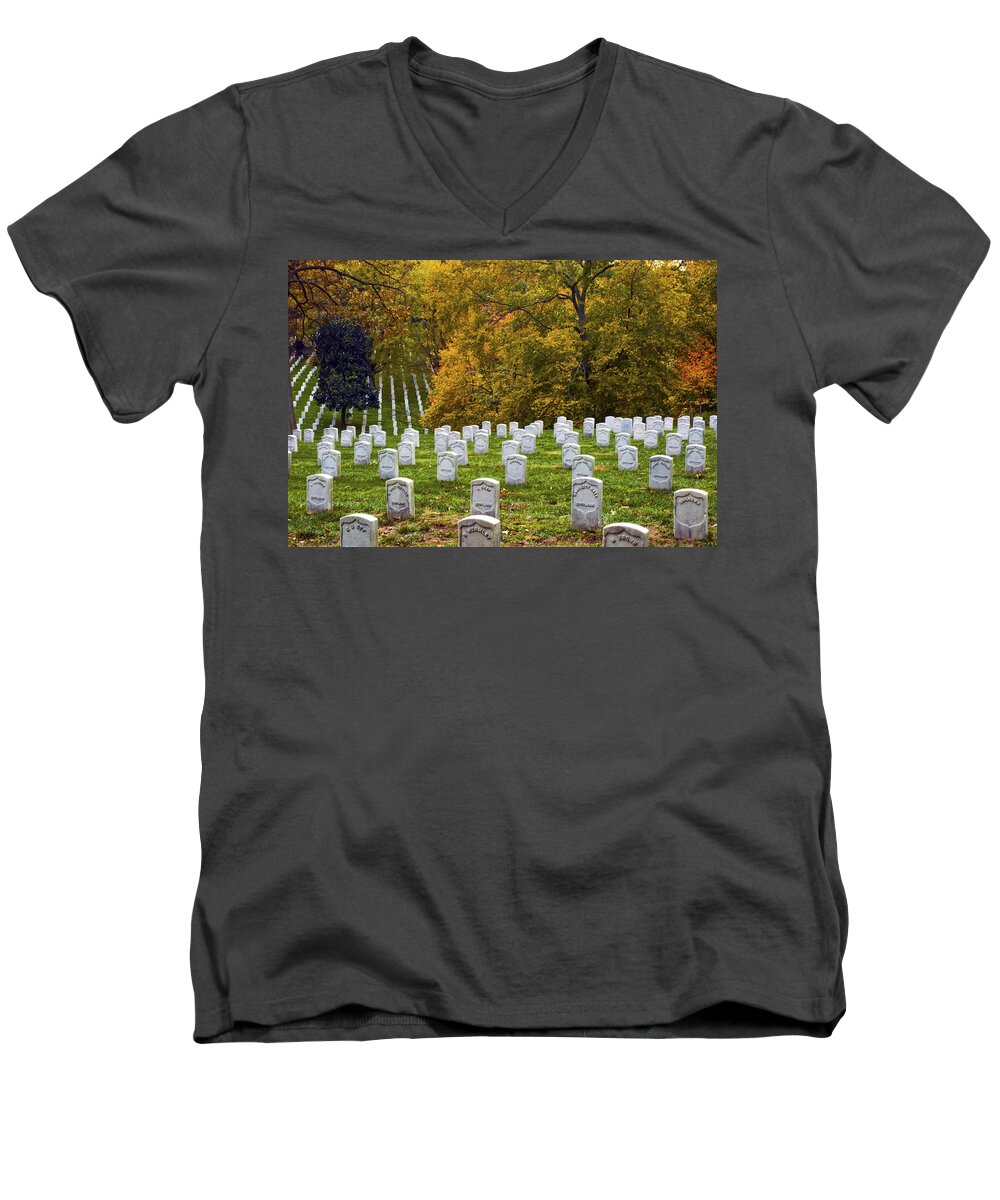 Cemetery Men's V-Neck T-Shirt featuring the photograph An Autumn Day in Arlington by Paul W Faust - Impressions of Light