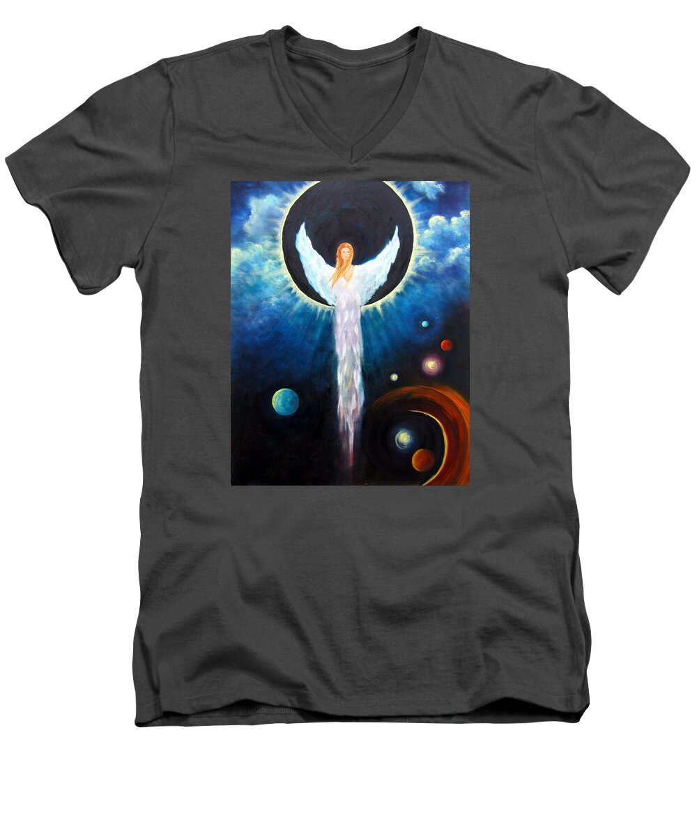 Angel Men's V-Neck T-Shirt featuring the painting Angel Of The Eclipse by Marina Petro