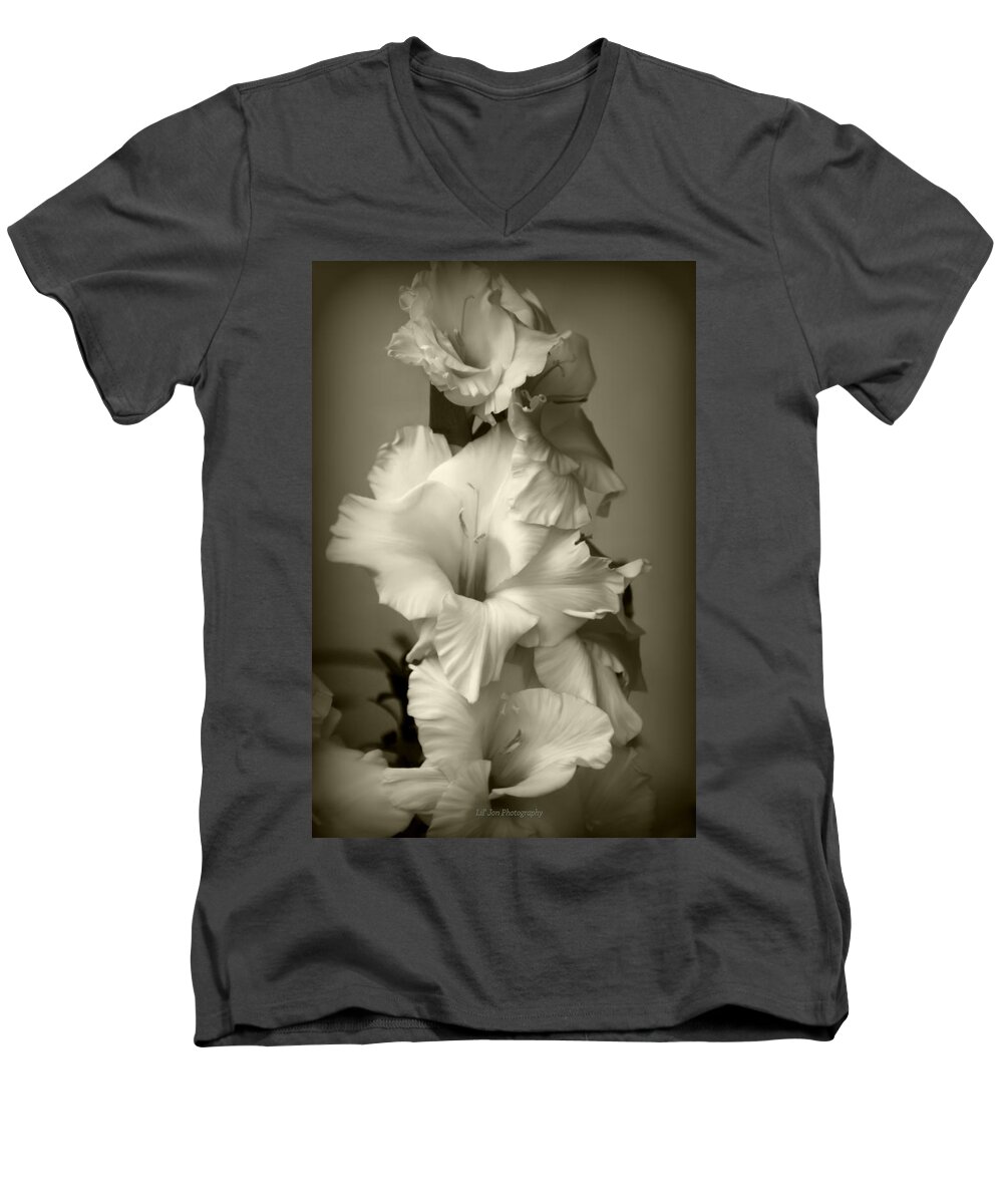 Gladiolus Men's V-Neck T-Shirt featuring the photograph Antiqued Gladiolus by Jeanette C Landstrom