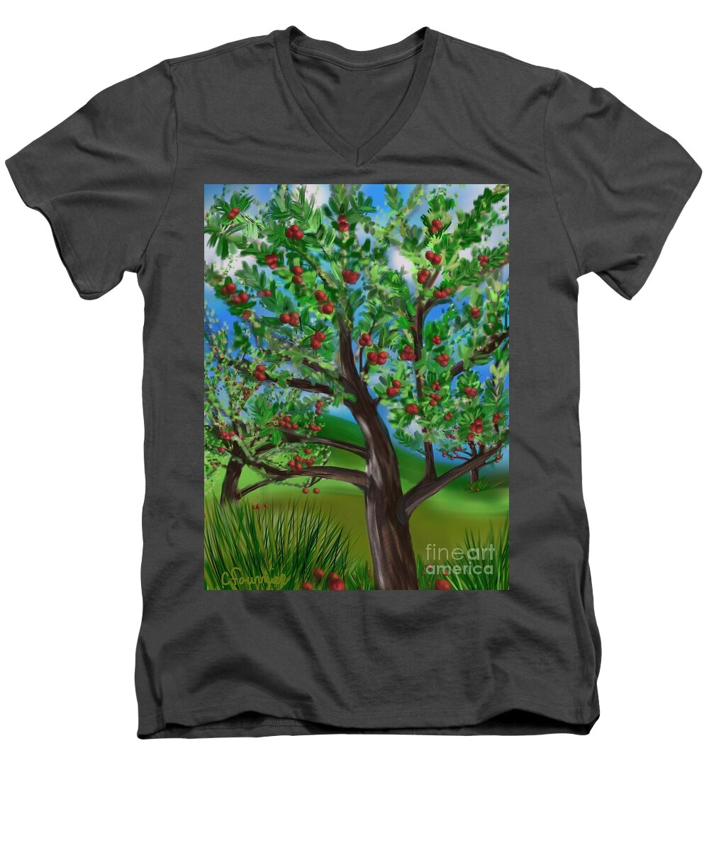 Apple Orchard Men's V-Neck T-Shirt featuring the digital art Apple Acres by Christine Fournier