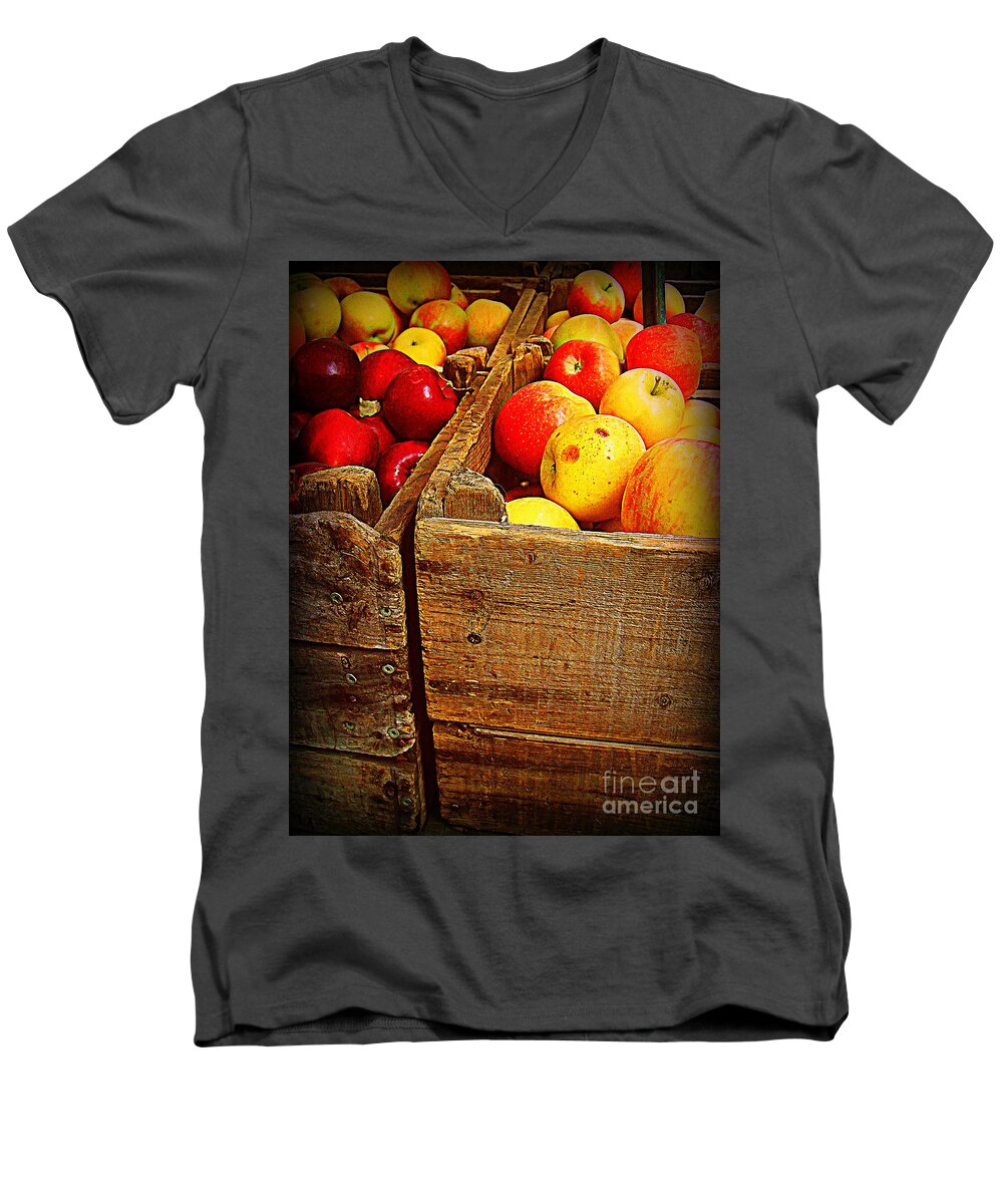 Fruitstand Men's V-Neck T-Shirt featuring the photograph Apples in Old Bin by Miriam Danar