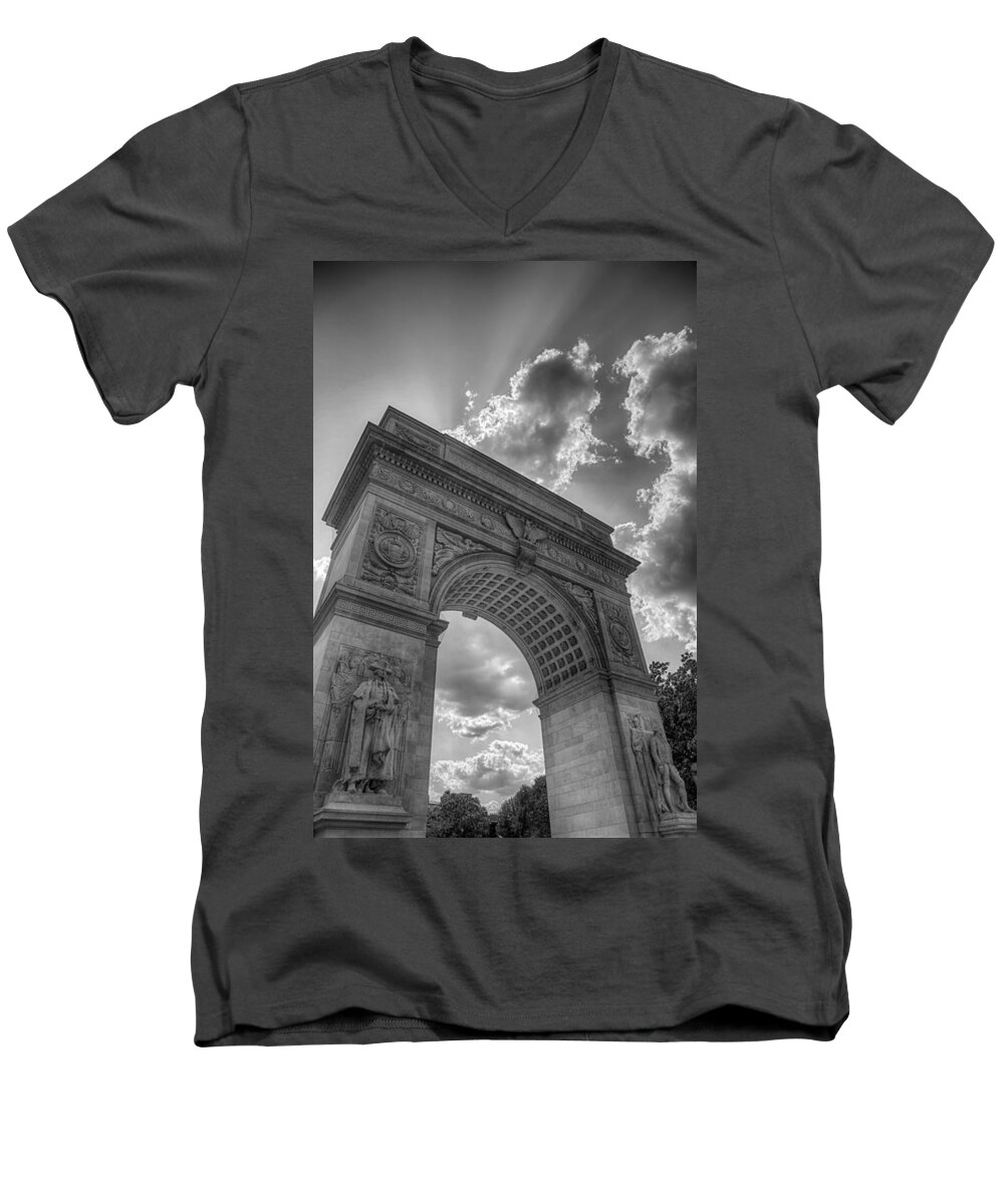 Photography Arch At Washington Square Hdr Black And White High Definition Gray Detail New York City Park Men's V-Neck T-Shirt featuring the photograph Arch at Washington Square by Paul Watkins