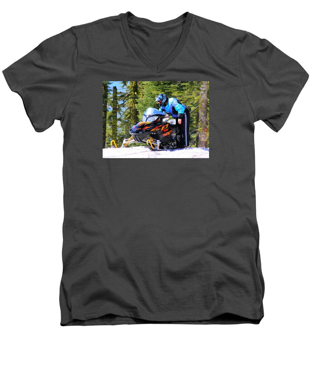 Arctic Cat Men's V-Neck T-Shirt featuring the photograph Arctic Cat Snowmobile by Tap On Photo