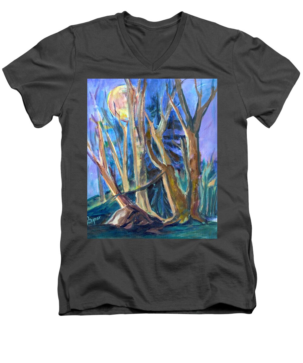 Mysterious Trees Men's V-Neck T-Shirt featuring the painting Armageddon or Twilight Coming by Betty Pieper