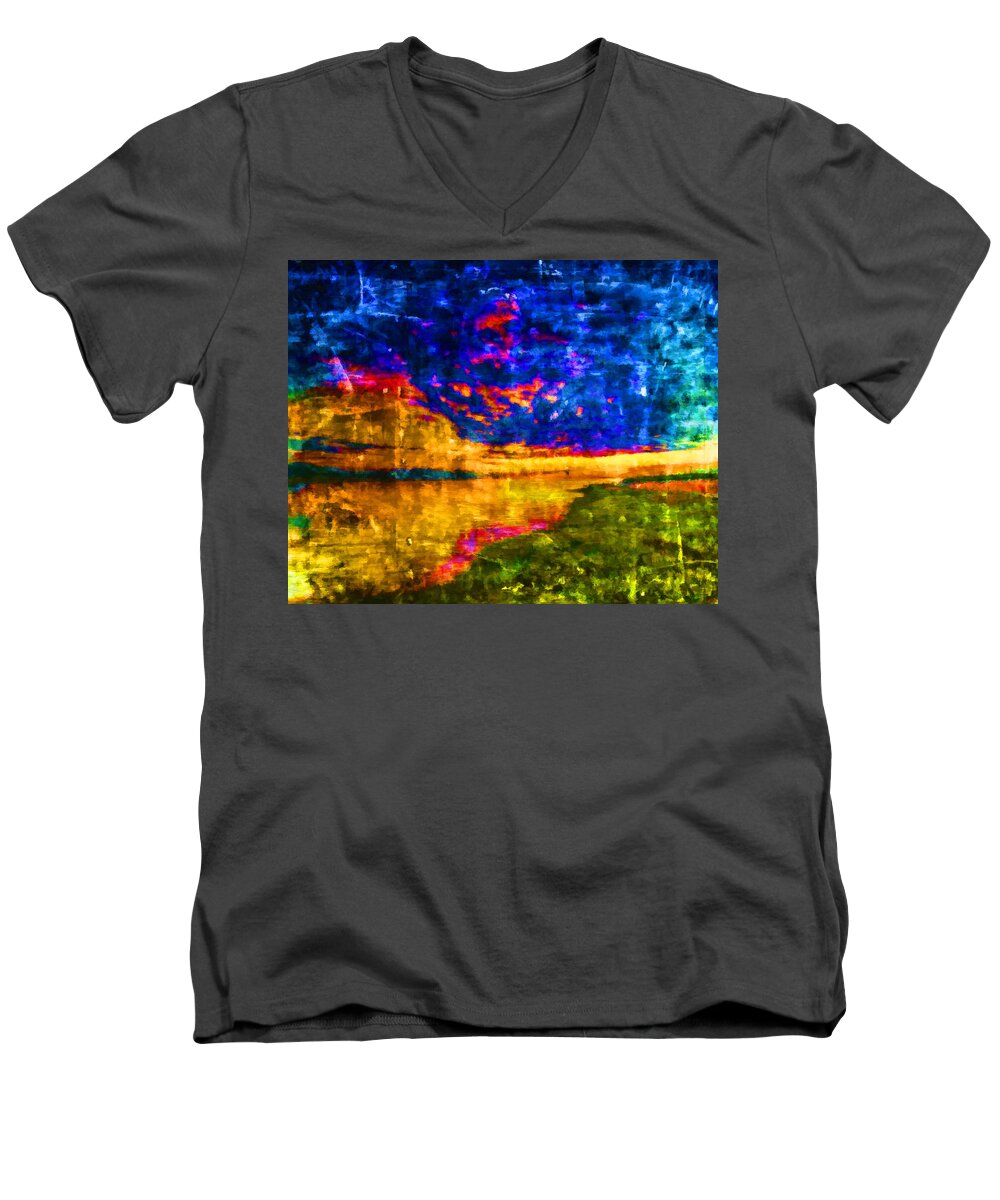 Www.themidnightstreets.net Men's V-Neck T-Shirt featuring the painting As The World Ends by Joe Misrasi