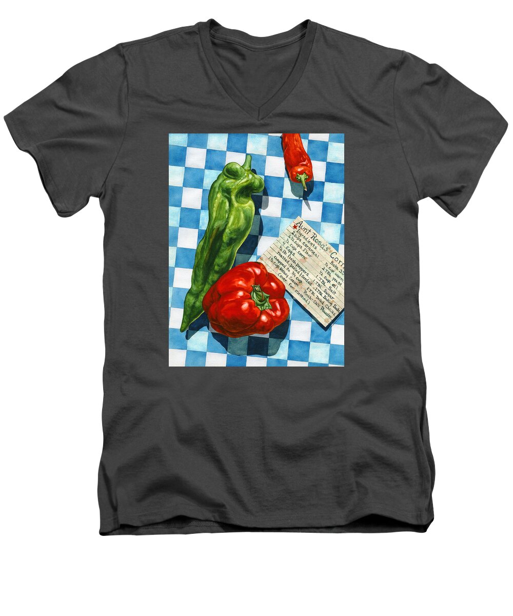 Peppers Men's V-Neck T-Shirt featuring the painting Aunt Rosa's Cornbread by Lynda Hoffman-Snodgrass